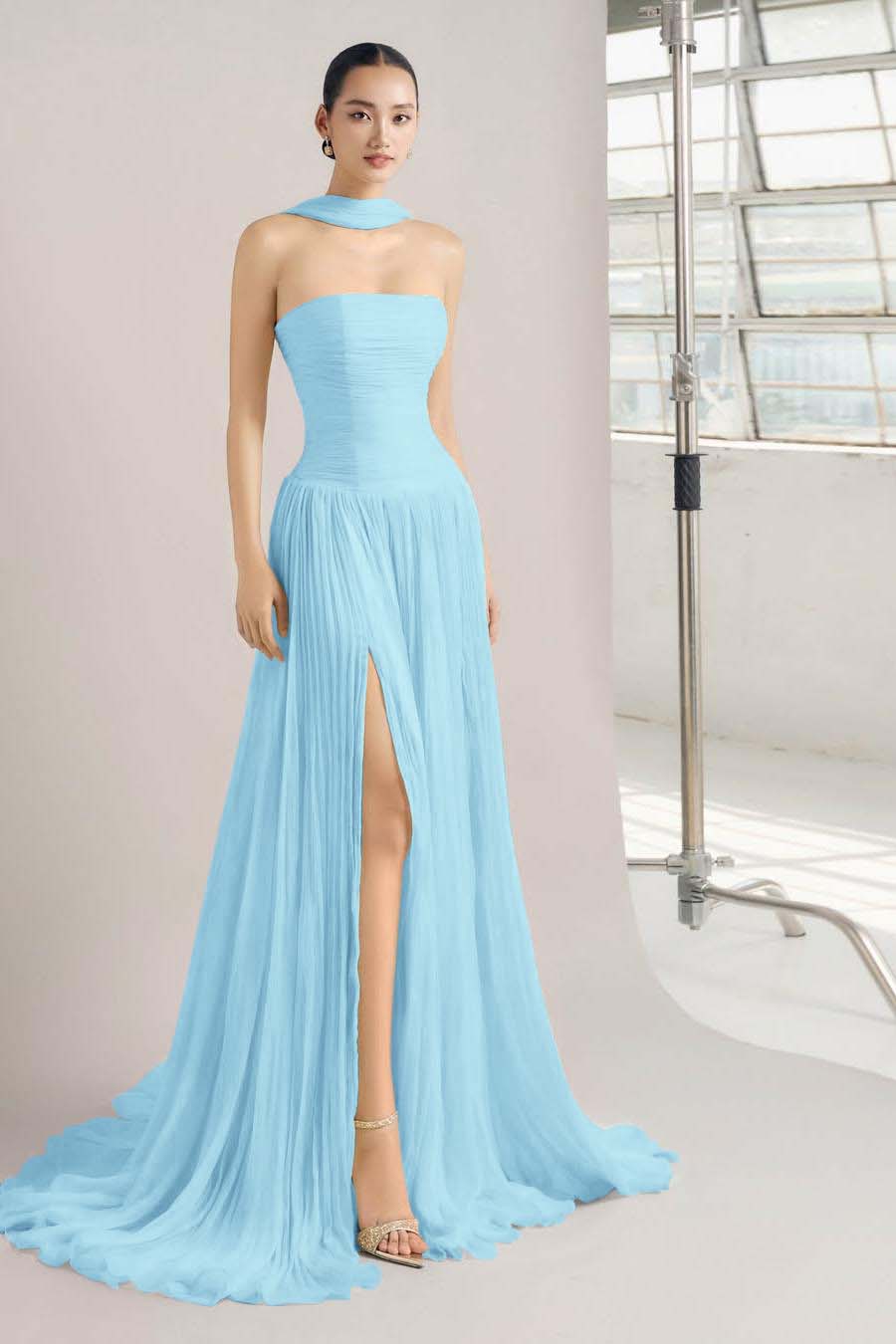 Strapless Sleeveless Long Split Prom Dress With Pleated Ruffles  BMBRIDAL