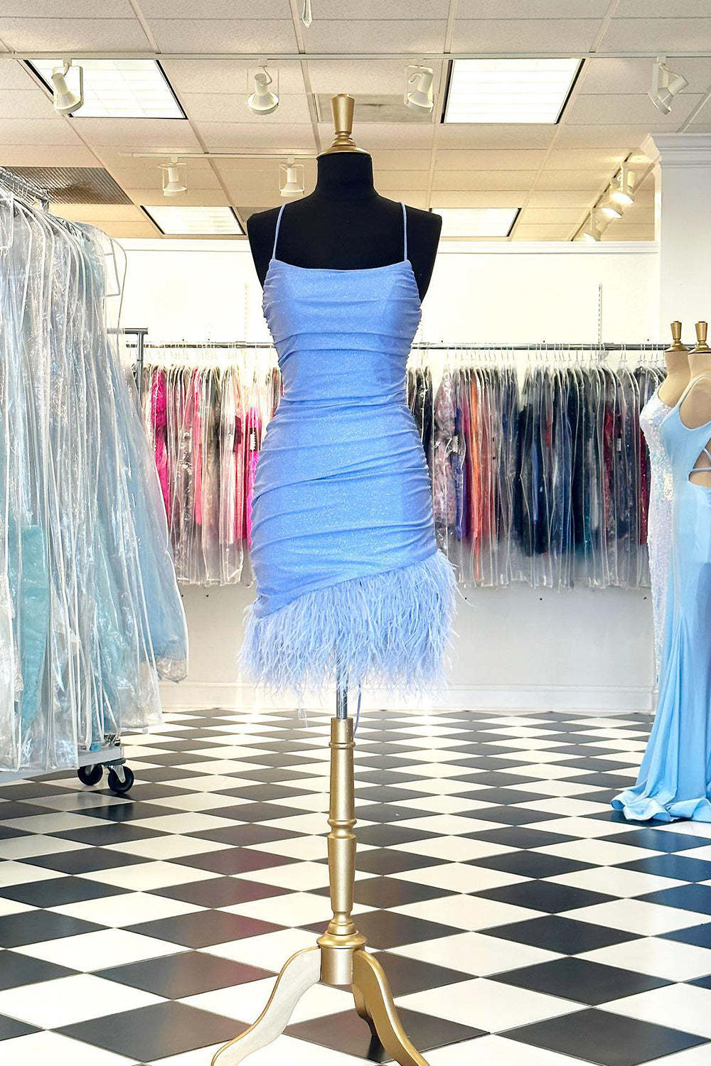 Glitter Fuchsia Feathered Tight Short Homecoming Dress