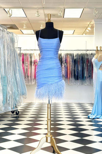 Glitter Fuchsia Feathered Tight Short Homecoming Dress