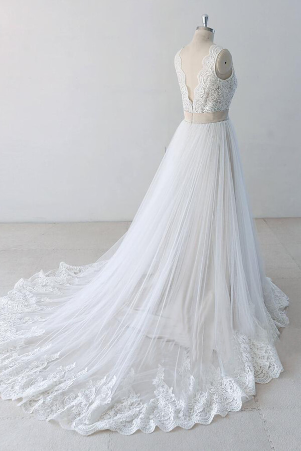 BMbridal Elegant V-neck Lace Tulle A-line Wedding Dress On Sale-BMbridal