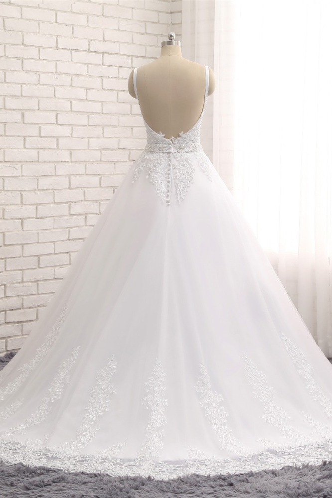 BMbridal Gorgeous V neck Straps Sleeveless Wedding Dresses White A line Lace Bridal Gowns With Appliques Online-BMbridal