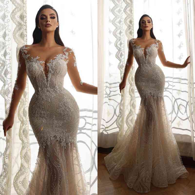 Bmbridal Long Sleeves Bridal Gown Mermaid With Delicate Lace-BMbridal