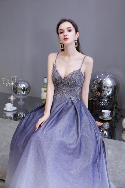 BMbridal Elegant Spaghetti Straps Ombre Prom Dress Long With Appliques Beads