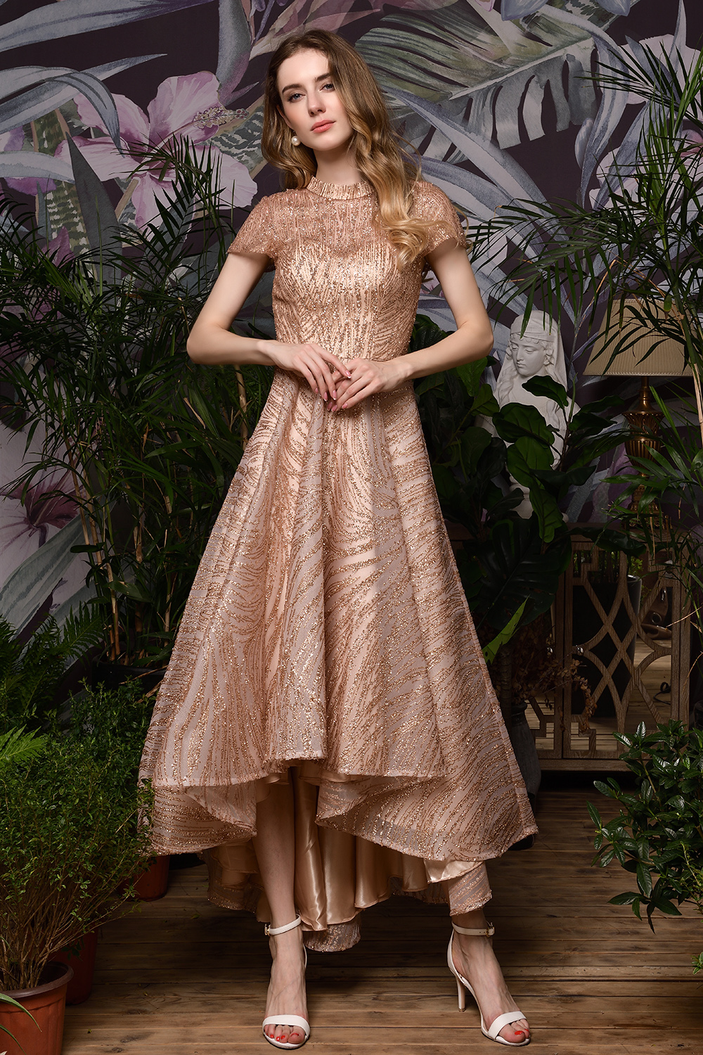 BMbridal Glamorous Rose Gold Sequins Prom Dress Short Sleeve Evening Gowns Online