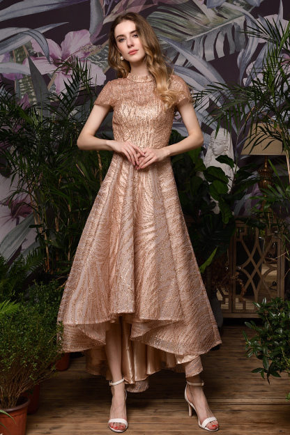 BMbridal Glamorous Rose Gold Sequins Prom Dress Short Sleeve Evening Gowns Online