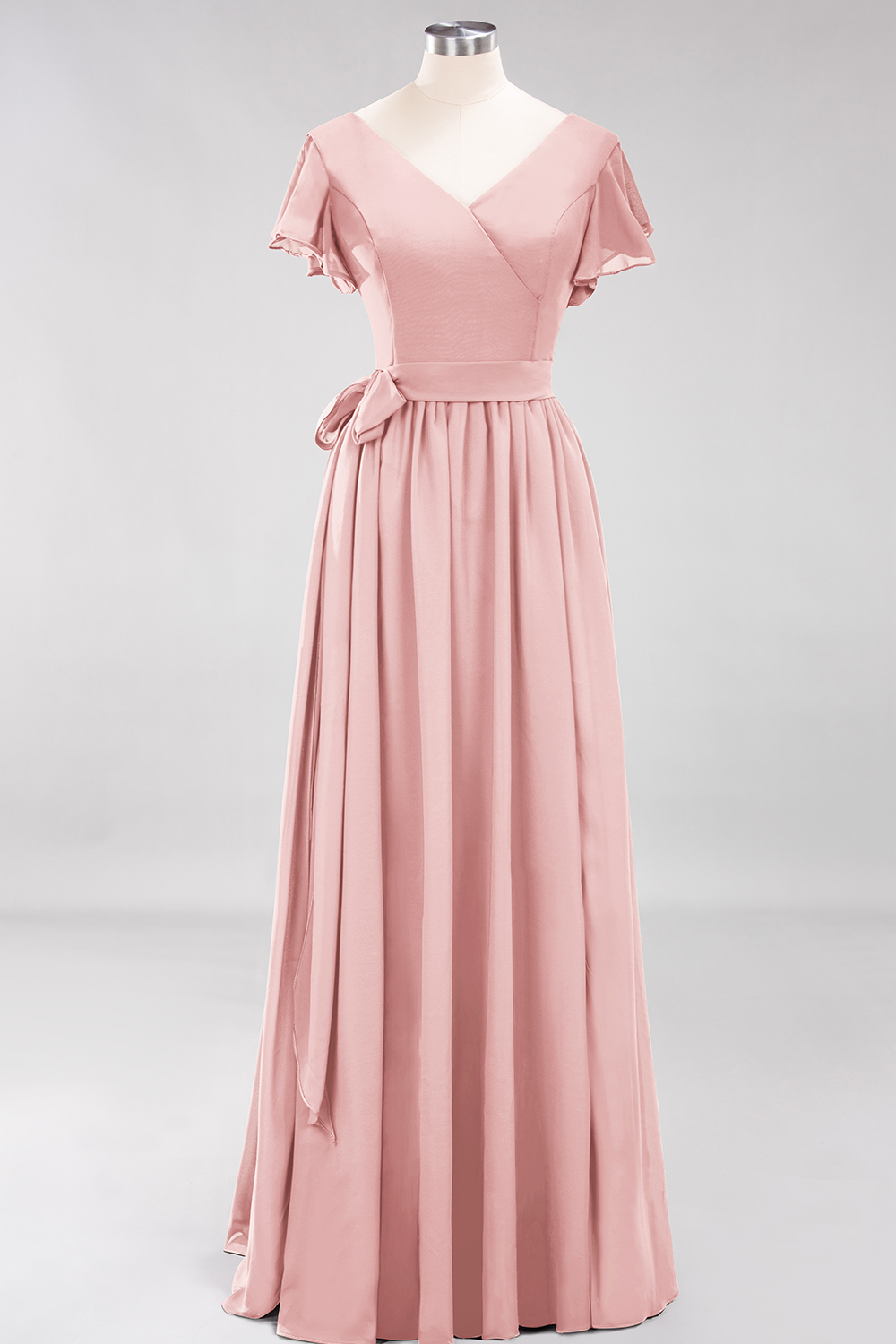 BMbridal Burgundy V-Neck Long Bridesmaid Dress With Short-Sleeves-BMbridal