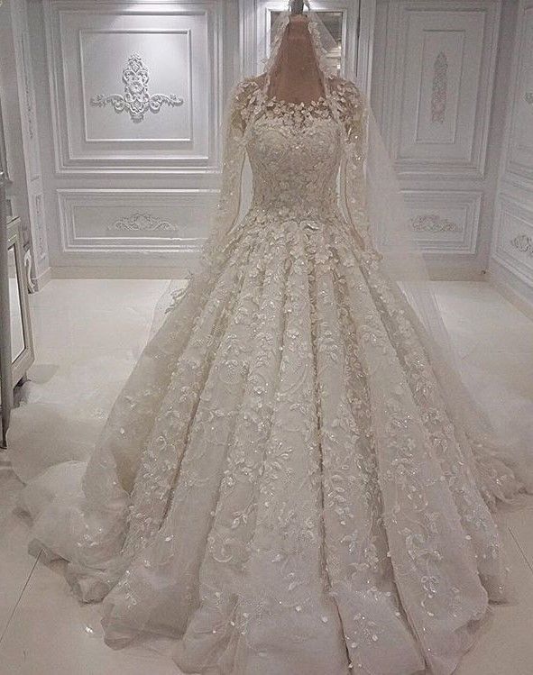 BMbridal Chic  A-line Jewel Longsleeves Wedding Dresses With Appliques Ivory Tulle Ruffles Bridal Gowns On Sale-BMbridal