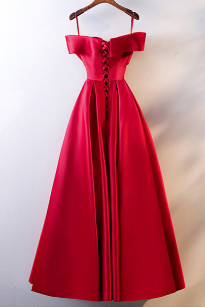 BMbridal Simple Off-the-Shoulder Satin Red A-Line Prom Dresses Sleeveless Ruffles Evening Dresses Online-BMbridal