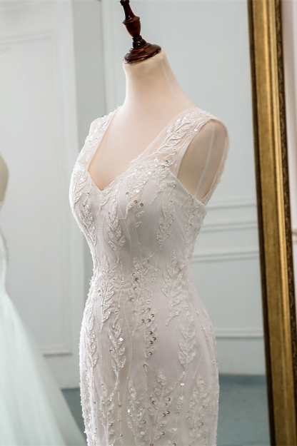BMbridal Affordable V-Neck Appliques Mermaid Wedding Dresses with Beadings Online