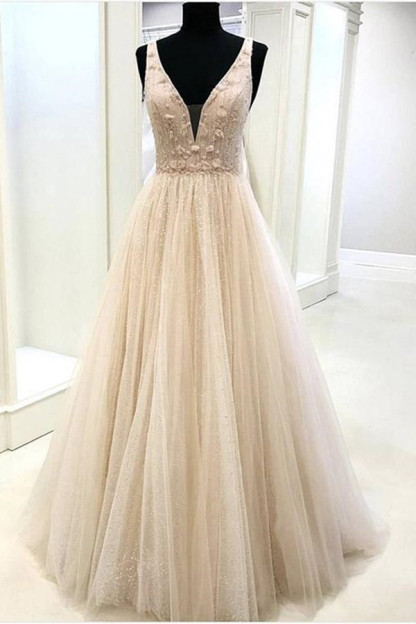 BMbridal Sexy V-Neck Sleeveless Tulle Prom Dress Long Evening Gowns Online