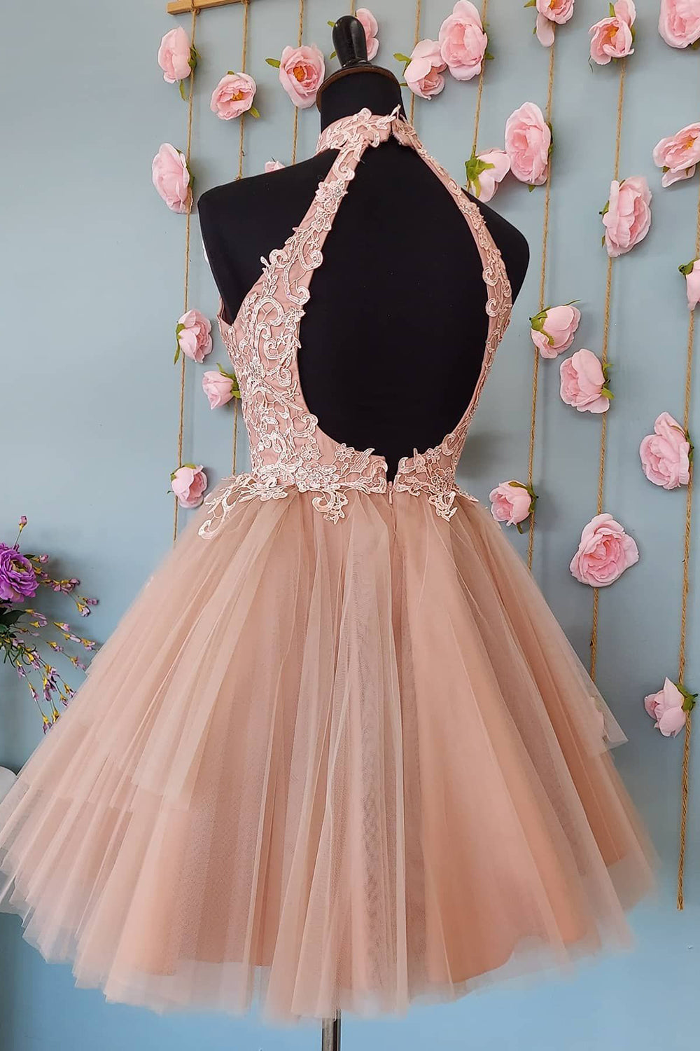 Sparkly Blush A-Line Short Tulle Homecoming Dress with Lace-BMbridal