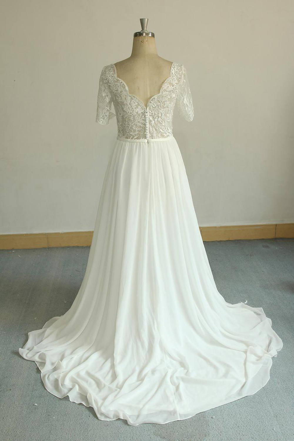BMbridal Affordable Halfsleeves V-neck Chiffon Wedding Dresses White A-line Ruffles Bridal Gowns Online-BMbridal