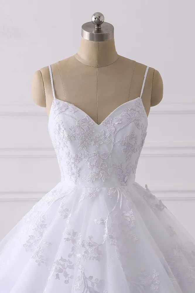 Vintage Spaghetti-Straps Tulle V-Neck Wedding Dress with Appliques Lace