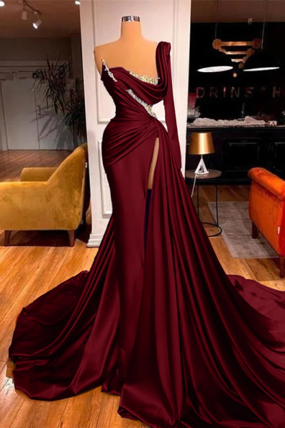 Mermaid One Shoulder Long Sleeve Pleated Prom Dress Split With Beadings