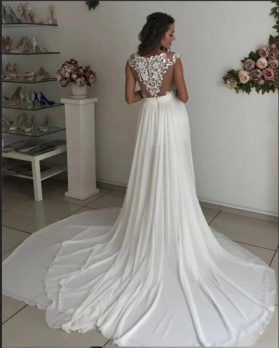 Modern Long Slit A-Line V-Neck Wedding Dress with Chiffon Lace