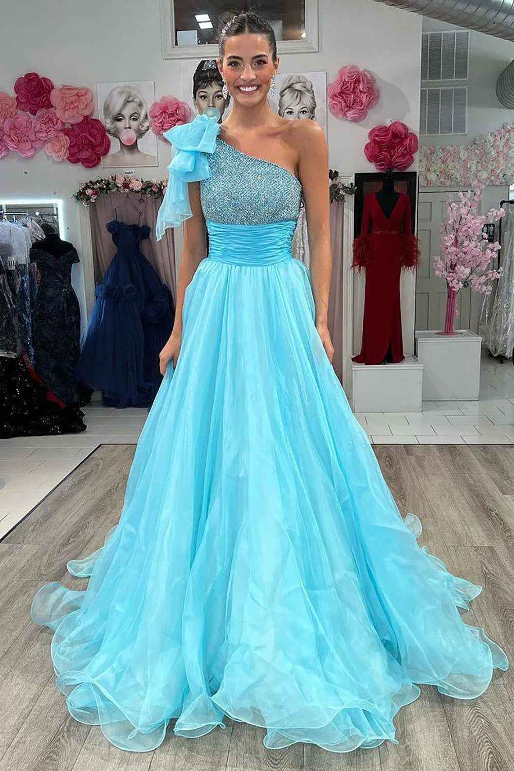 Sparkly Sky Blue A Line One Shoulder Long Prom Dress with Beading