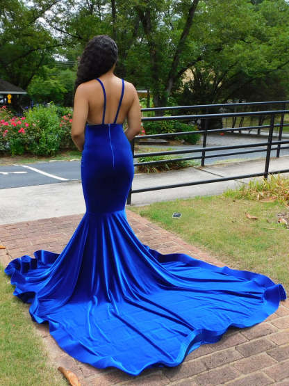 Bmbridal Royal Blue Prom Dress V-Neck Mermaid Velvet With Appliques