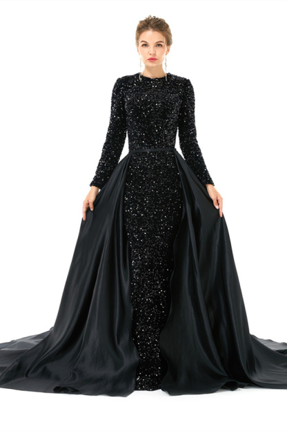 Bmbridal Long Sleeves Sequins Prom Dress Mermaid Overskirt