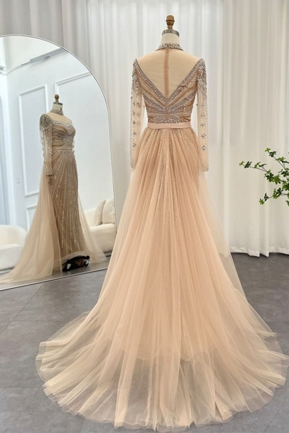 Bmbridal Silver Square A-Line Floor-Length Long Sleeves Prom Dresses with Beadings