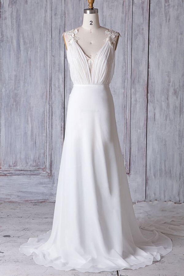BMbridal Affordable Sheath Chiffon Wedding Dress Appliques Sleeveless Backless Bridal Gowns On Sale-BMbridal