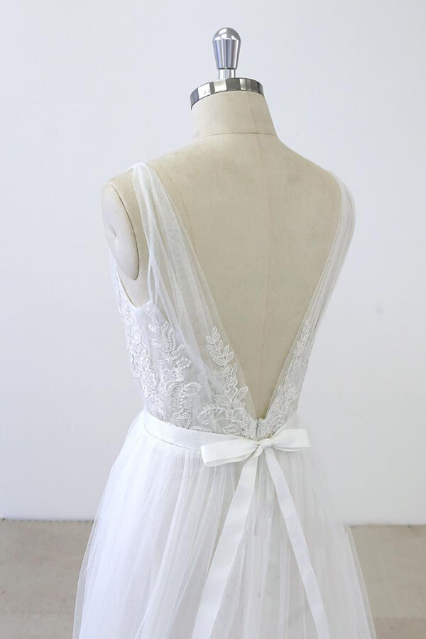 BMbridal V-neck Ruffle Applqiues Tulle A-line Wedding Dress On Sale-BMbridal