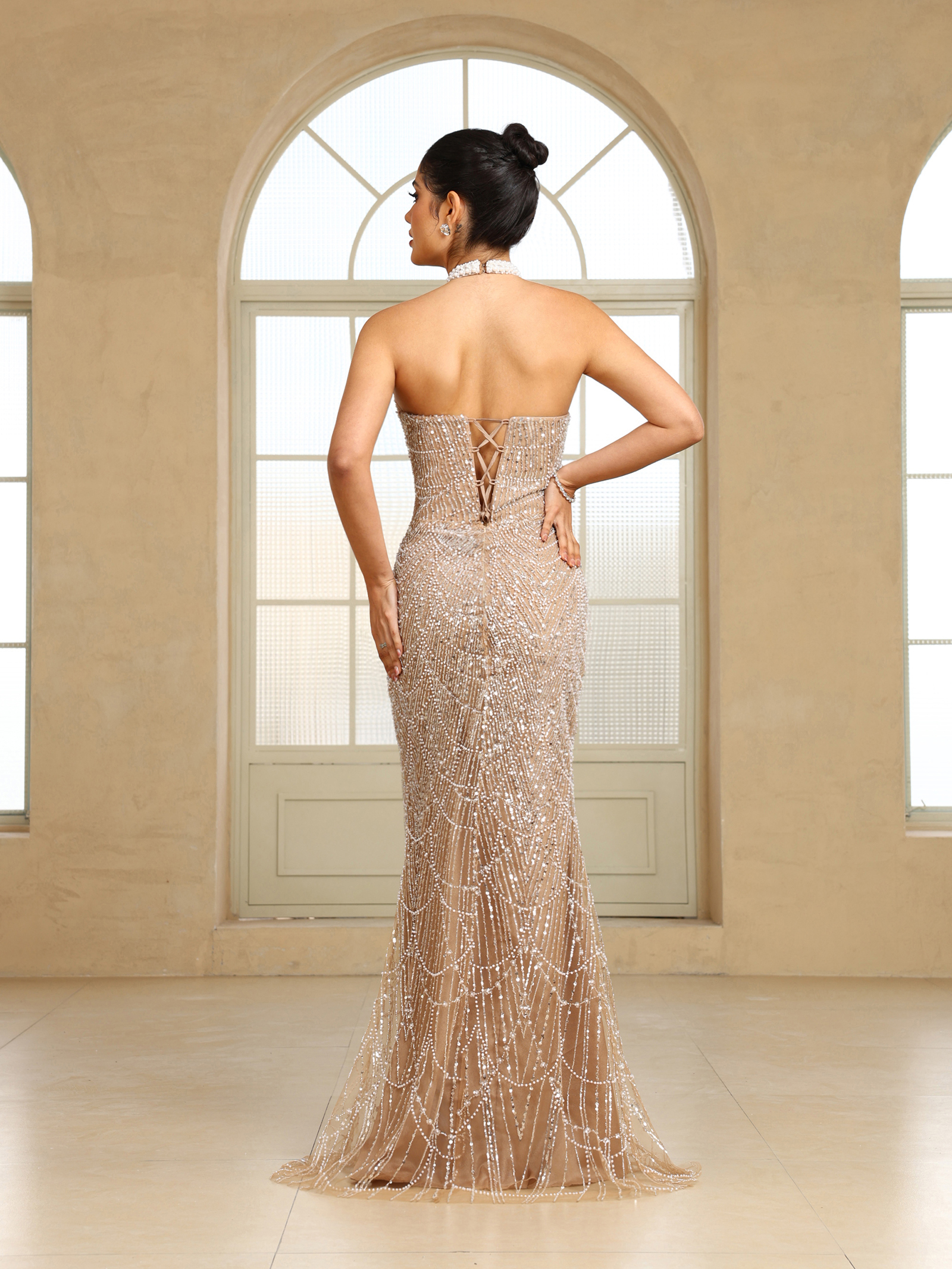 BMbridal Sparkling Strapless Mermaid Gown with High - Slit and Tulle Train: A Showstopper for Special Occasions-BMbridal