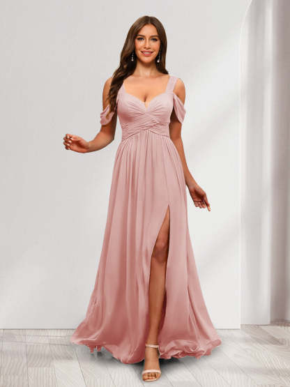 A-Line Cold Shoulder Split Side Ruched Floor-Length Chiffon Bridesmaid Dresses