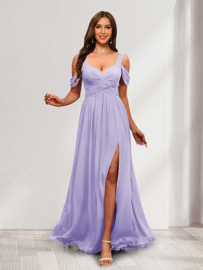A-Line Cold Shoulder Split Side Ruched Floor-Length Chiffon Bridesmaid Dresses