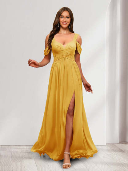 A-Line Cold Shoulder Split Side Ruched Floor-Length Chiffon Bridesmaid Dresses