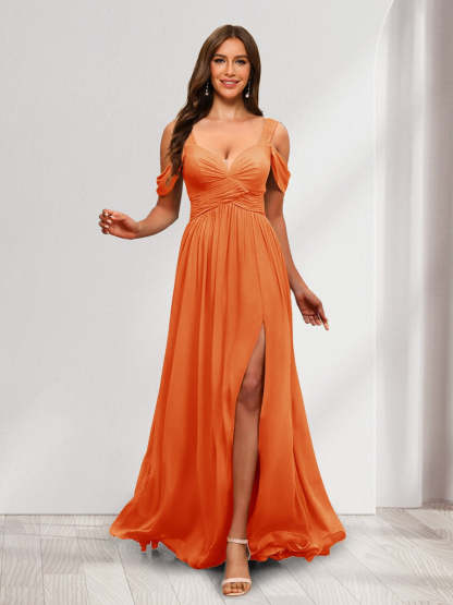 A-Line Cold Shoulder Split Side Ruched Floor-Length Chiffon Bridesmaid Dresses