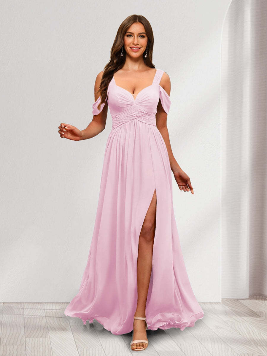 A-Line Cold Shoulder Split Side Ruched Floor-Length Chiffon Bridesmaid Dresses