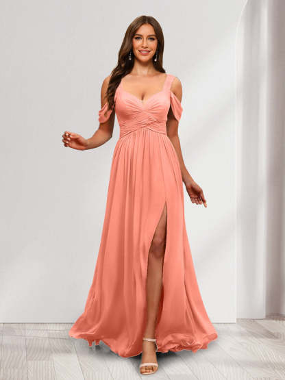 A-Line Cold Shoulder Split Side Ruched Floor-Length Chiffon Bridesmaid Dresses