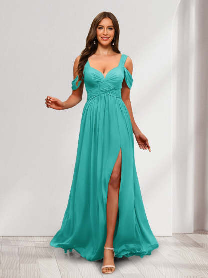 A-Line Cold Shoulder Split Side Ruched Floor-Length Chiffon Bridesmaid Dresses