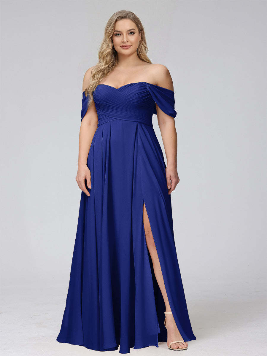 A-Line Off-the-Shoulder Sleeveless Ruched Long Chiffon Plus Size Bridesmaid Dresses with Split Side