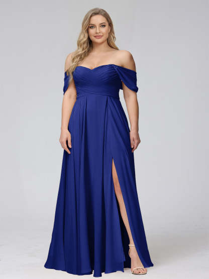 A-Line Off-the-Shoulder Sleeveless Ruched Long Chiffon Plus Size Bridesmaid Dresses with Split Side