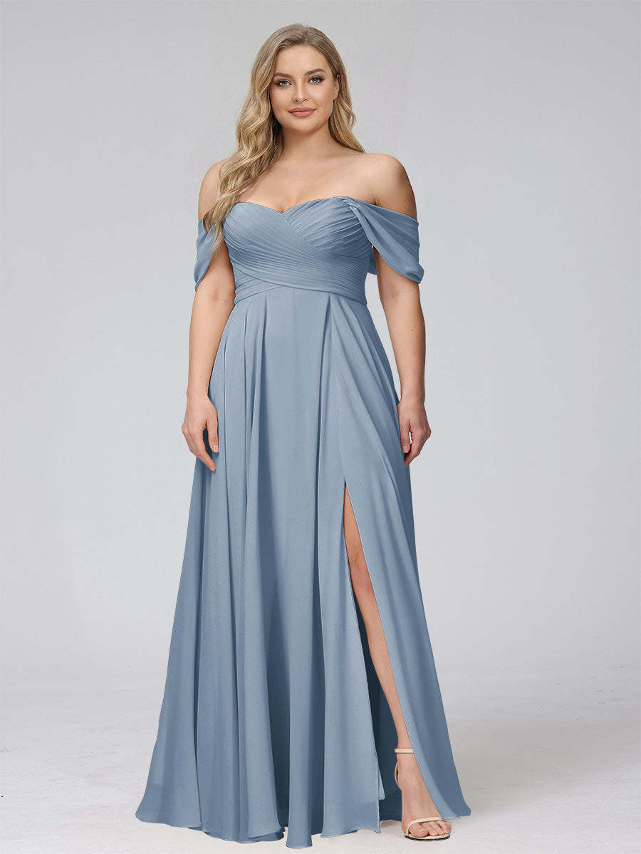 A-Line Off-the-Shoulder Sleeveless Ruched Long Chiffon Plus Size Bridesmaid Dresses with Split Side