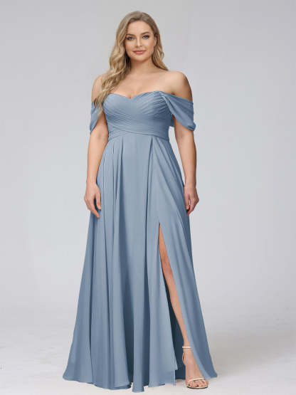 A-Line Off-the-Shoulder Sleeveless Ruched Long Chiffon Plus Size Bridesmaid Dresses with Split Side