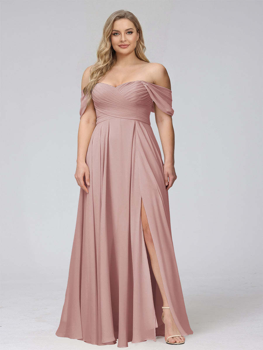 A-Line Off-the-Shoulder Sleeveless Ruched Long Chiffon Plus Size Bridesmaid Dresses with Split Side