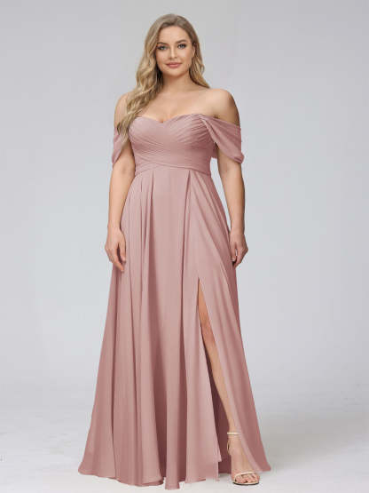 A-Line Off-the-Shoulder Sleeveless Ruched Long Chiffon Plus Size Bridesmaid Dresses with Split Side