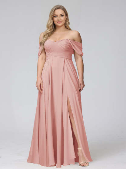 A-Line Off-the-Shoulder Sleeveless Ruched Long Chiffon Plus Size Bridesmaid Dresses with Split Side
