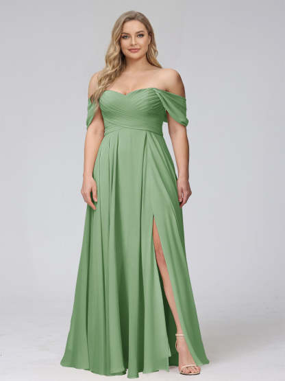 A-Line Off-the-Shoulder Sleeveless Ruched Long Chiffon Plus Size Bridesmaid Dresses with Split Side