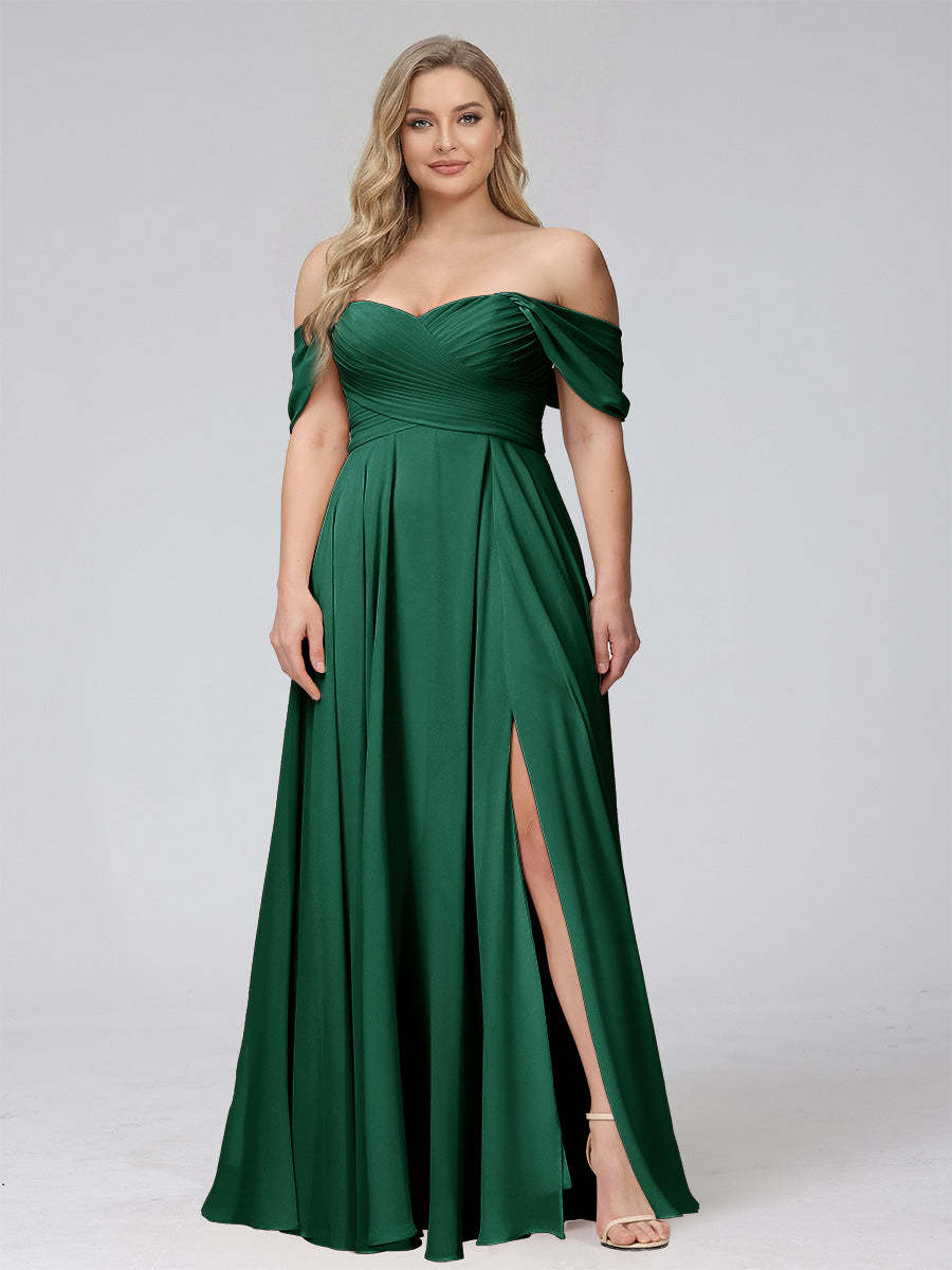 A-Line Off-the-Shoulder Sleeveless Ruched Long Chiffon Plus Size Bridesmaid Dresses with Split Side