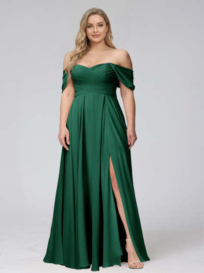 A-Line Off-the-Shoulder Sleeveless Ruched Long Chiffon Plus Size Bridesmaid Dresses with Split Side