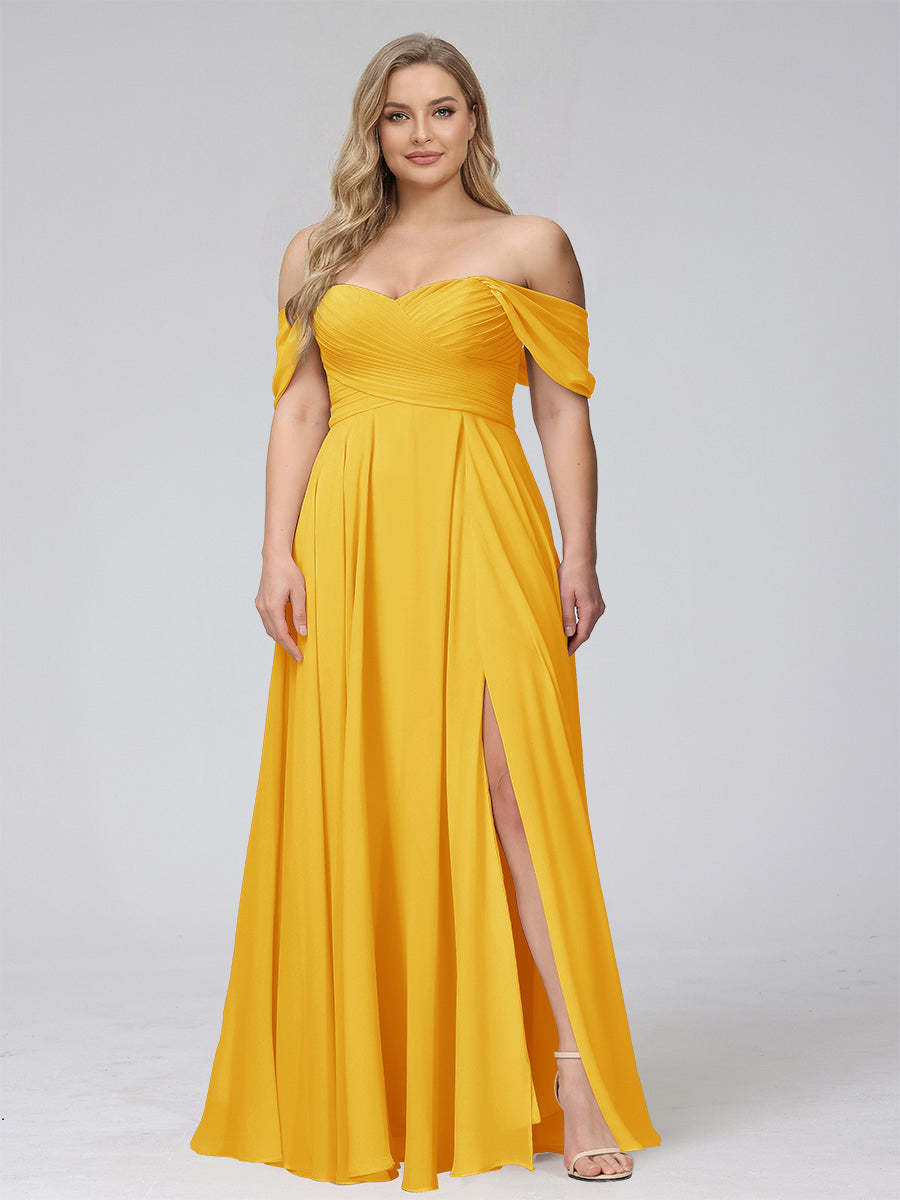 A-Line Off-the-Shoulder Sleeveless Ruched Long Chiffon Plus Size Bridesmaid Dresses with Split Side