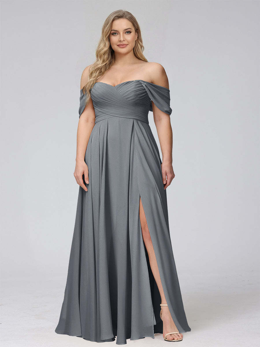 A-Line Off-the-Shoulder Sleeveless Ruched Long Chiffon Plus Size Bridesmaid Dresses with Split Side