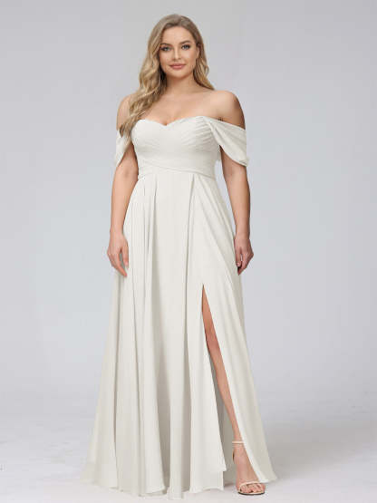 A-Line Off-the-Shoulder Sleeveless Ruched Long Chiffon Plus Size Bridesmaid Dresses with Split Side