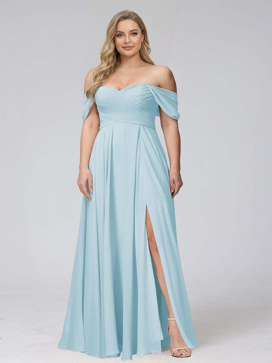 A-Line Off-the-Shoulder Sleeveless Ruched Long Chiffon Plus Size Bridesmaid Dresses with Split Side