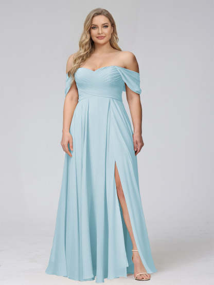 A-Line Off-the-Shoulder Sleeveless Ruched Long Chiffon Plus Size Bridesmaid Dresses with Split Side