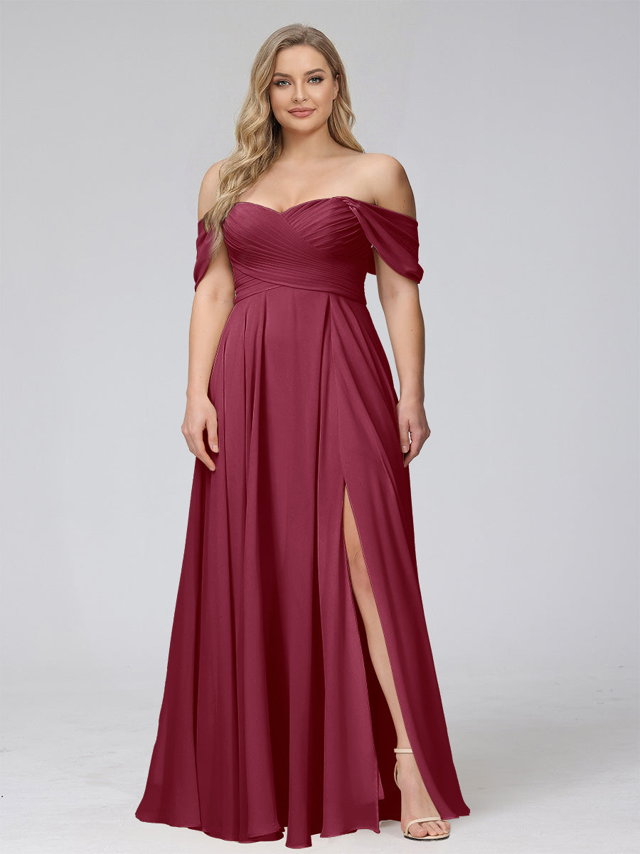 A-Line Off-the-Shoulder Sleeveless Ruched Long Chiffon Plus Size Bridesmaid Dresses with Split Side
