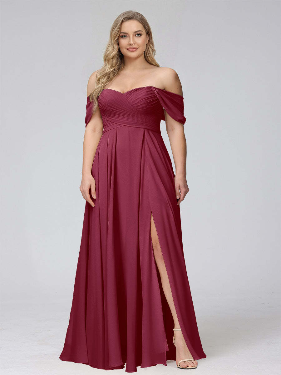 A-Line Off-the-Shoulder Sleeveless Ruched Long Chiffon Plus Size Bridesmaid Dresses with Split Side